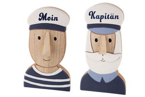 Maritimes Dekofiguren Set, zwei Büsten, Modell: ECHTE SEEBÄREN, Material Holz, Maße 18 x 10 cm, Farbe natur weiß blau