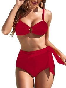 Damen Hohe Taille Split-Typ Badeanzug Surfen Verstellbares Druck Zweiteilige Badebekleidung  Rot,Größe:L