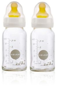 HEVEA Babyfläschchen aus Glas / Weiß (120 ml) + Trinksauger - Naturkautschuk / 2er Pack