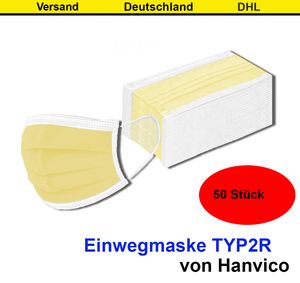 50x Hanvico OP Maske gelb Atemschutzmaske medizinischer Mundschutz 3-lagig Einwegmaske Schutzmaske Mundschutzmaske TYP2R