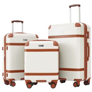 Sada kufrů Flieks 3 ks, vintage zavazadla, sada kufrů na kolečkách, sada cestovních kufrů se 4 kolečky a zámkem TSA, pevná skořepina, M-L-XL, krémová barva