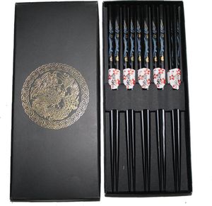 045 Essstäbchen Geschenkset 5 Paar aus Bambus mit Dekor Drache schwarz
