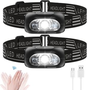 2*LED Stirnlampe, Sensorscheinwerfer USB wiederaufladbar Kopflampe,IPX5 wasserdicht,5 Beleuchtungsmodi Stirnlampen für Camping, Klettern, Wandern, Angeln, Nachtlesen, Laufen