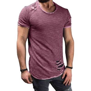 Herren Muskel Kurzarm Zerrissenes T-Shirt Casual Pullover Slim Fit T Tops Bluse,Farbe: Lila,Größe:3XL