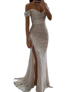 Damen Abendkleider Glänzend Kleider Einfarbig Sommerkleid Off-Shoulder Ballkleider Silber,Größe S