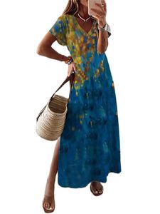 Women Floral Print Sundress Beach V Neck Dress Flowy Short Sleeve Dresses,Farbe:Dark Blue,Größe:XL