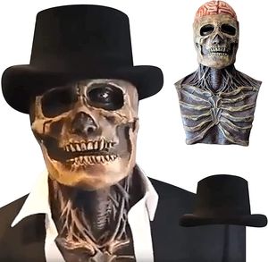 Halloween Schädelmaske mit Zauberhut Gruselige Vollkopf Skelett Kopfbedeckung Biochemisch Realistische Latexmaske für Erwachsene