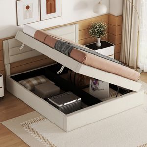 Flieks hydraulická čalouněná postel 140x200 cm s roštovým rámem, úložný box pružinová postel s úložným prostorem, dvoulůžko postel pro mladé dřevěná postel, povlečení, béžová barva