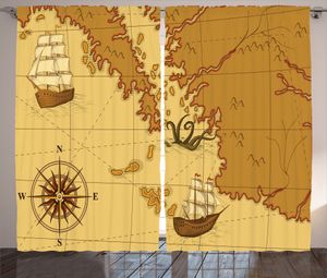 ABAKUHAUS Meer Rustikaler Gardine, Alte Karte mit Schiffskompass, Schlafzimmer Kräuselband Vorhang mit Schlaufen und Haken, 280 x 225 cm, Hellbraun Gelb