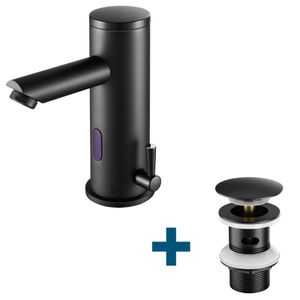 Infrarot Sensor Wasserhahn Automatik Waschtischarmatur + Ablaufgarnitur mit Überlauf, Einhandmischer Wasserhahn Bad mit Pop Up, Schwarz