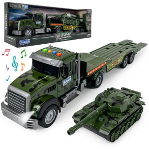 Großer Militär Transporter mit Panzer – Armee Spielzeug mit Licht & Sound, Push-and-Go LKW für Kinder ab 3 Jahren