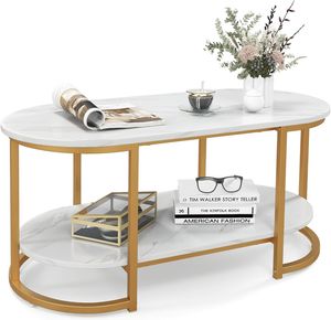 COSTWAY Couchtisch Marmor Optik, 2-stöckiger Wohnzimmertisch mit offener Ablage, Kaffeetisch mit goldfarbenem Metallrahmen für Wohnzimmer, 100 x 50 x 45 cm