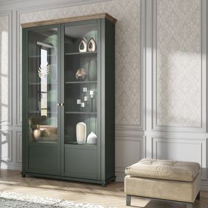 Vitrinenschrank Landhausstil mit Beleuchtung EPSOM-83 grün mit Lefkas Eiche Nb., B/H/T: ca. 126/200/42 cm Vitrinenschrank Landhausstil mit Beleuchtung EPSOM-83 grün mit Lefkas Eiche Nb., B/H/T: ca. 126/200/42 cm