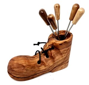 Fonduegabeln 6 Stück mit Griff aus Olivenholz inklusive passender Aufbewahrung in Form eines Schuhs 12x8 cm aus Olivenholz