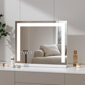 Meykoers Kosmetikspiegel 50x42cm Hollywood Schminkspiegel mit LED Beleuchtung, Tischspiegel mit 3-Farben-Licht + Dimmbar + Touch-Schalter, Weiß