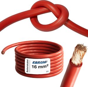 EBROM Batteriekabel hochflexibel Hi-Flex (Hi Flex) 16mm2 Kabel – Meterware ROT - sehr biegsam – Mantel aus PVC (70 ± 5 Shore) – 99,9 % OFC Kupfer 16 mm² - als Starterkabel, Ladekabel oder ähnliches