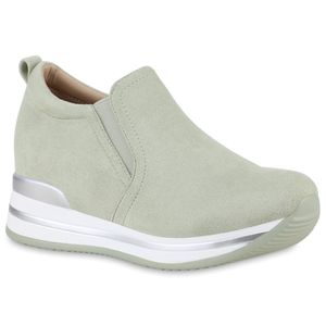 VAN HILL Damen Sneaker Keilabsatz Profil-Sohle Plateau Vorne Schuhe 840116, Farbe: Hellgrün, Größe: 39