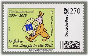 270ct. '15 Jahre Briefträger gelb', Cartoon-Briefmarke '... von Leipzig in alle Welt'. ID20327