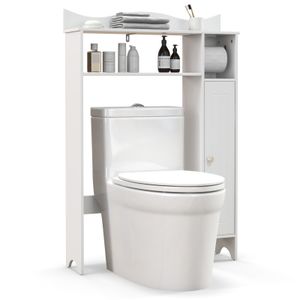 COSTWAY Úložná skříňka nad toaletu s držákem na toaletní papír, úložný prostor v koupelně nad toaletou s nastavitelnými policemi, volně stojící organizér na WC do koupelny a prádelny Bílá