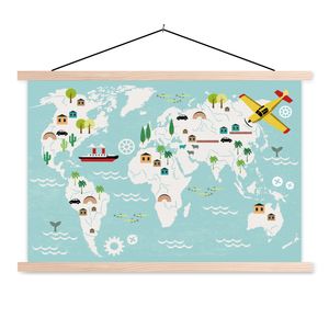 MuchoWow® Textilposter Weltkarte - Kinder - Flugzeug - Boot - Jungen - Mädchen 60x40 cm mit holzfarbenen Rahmen - Bilder
