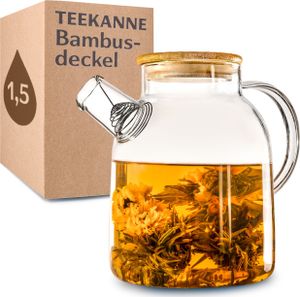 Teekanne Glas 1,5 Liter mit Deckel aus Bambus - Filter im Auslauf - Für heiße und kalte Getränke - Spülmaschinenfest Teekanne Glas 1,5 Liter mit Deckel aus Bambus - Filter im Auslauf - Für heiße und kalte Getränke - Spülmaschinenfest