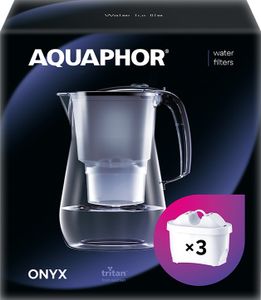 AQUAPHOR Starter-Set Wasserfilter Onyx schwarz inkl. 3 MAXFOR+ Filterkartuschen - Premium-Wasserfilter in Glasoptik zur Reduzierung von Kalk, Chlor & weiteren Stoffen