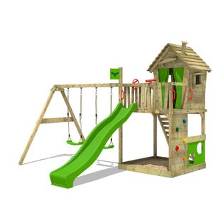 FATMOOSE Spielturm Klettergerüst HappyHome mit Schaukel & Rutsche, Spielhaus mit Sandkasten, Leiter & Spiel-Zubehör - apfelgrün