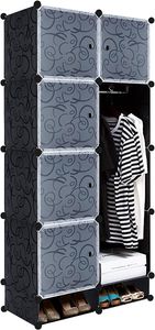 Kleiderschrank Schwarz DIY Regalsystem aus Kunststoff Garderobenschrank Steckregal Steckregalsystem (8 Würfeln, mit Schuhschrank) CEEDIR