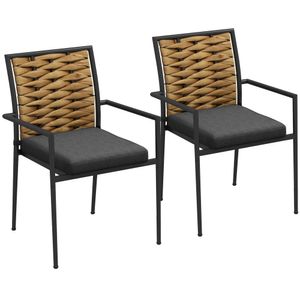Outsunny sada 2 ratanových zahradních židlí sada zahradních židlí s polštáři, stohovatelná zahradní židle, balkonová židle na terasu, ocel, 57 x 58 x 87 cm, černá barva