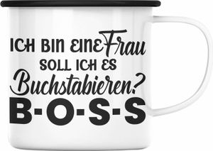Trendation - Frauen Emaille Tasse Geschenk Boss Emaille Tasse mit Spruch für Frauen Frauentag Starke Frau (Schwarz)