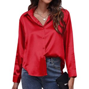 Damen Bluse mit Knöpfen Satin Seide V-Ausschnitt Elegant Langarm Oberteile Langarmshirt Rot,Größe:EU