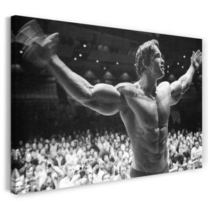 Leinwandbild (120x80cm): Arnold Schwarzenegger in Siegerpose Arme hebend peitscht Publikum an, echter Holz-Keilrahmen inkl. Aufhänger, handgefertigt in Deutschland