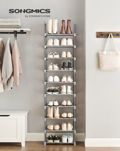 SONGMICS Schuhregal mit 10 Ablagen, 45 x 30 x 174 cm, großer Schuhständer aus Metall, DIY, Standregal, platzsparend, multifunktional, grau LSA025G02