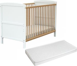 AT4 - BabyBett Holz mit Matratze 60x120 60x120 ESSENTIEL Weiß und lackierte Buche | 124 x 64 x 86,5 cm | Kinderbett | Bett umbaubar zum Juniorbett |Umbaubares Gitterbett