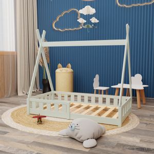 Montessori Kinderbett 140x70cm mint Tipi Spielbett Zeltform Holz bodentief Rausfallschutz