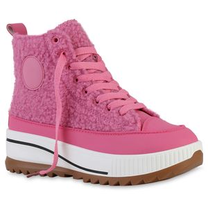VAN HILL Damen Plateau Sneaker Kunstfell Profil-Sohle Schuhe 840896, Farbe: Fuchsia, Größe: 39