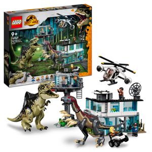 LEGO Jurassic World Atak giganotozaura i terizinozaura, Zabawka dla 9-latka z 2 Figurkami Dinozaurów do Zbudowania, z Laboratorium i Łazikiem, Prezent na Urodziny dla Dzieci, 76949