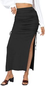 ASKSA Damen Sexy Maxirock Röcke mit Schlitz Hohe Taille Casual Rock Hüfte Freizeitrock Skirt, Schwarz, S