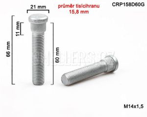 Kolový svorník - šteft M14x1,5x60 tisícihran průměr 15,8mm CRP158D60G, celková délka 66 mm