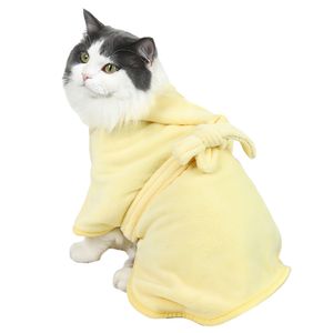 Katze und Hund starker saugfähiger Bademantel mit Hut, weicher Kapuze, die Baumwolle nicht lockert, mit Bademantel-Riemen und Klettverschluss(Gelb,L)