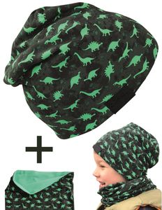 HECKBO Kinder Jungen Beanie Mütze & Loop-Schal Set - Wendemütze Dinosaurier Dino - 2-8 Jahren - 95% Baumwolle - weiches & pflegeleichtes Stretch-Material