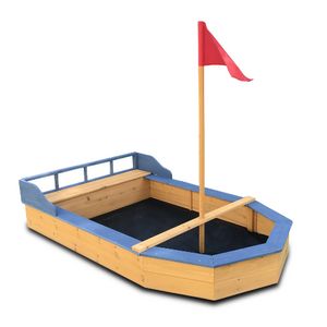 Rijoka Sandkasten aus Holz Boot – Inkl. Bodenplane – Sitzbank mit Ablagefach – Blau – 1700x1000x1300mm