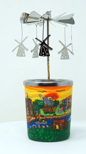 Teelicht mit Karussell Leuchtglas Windmühle Dorf Village Deko Becher Votivglas Windlicht