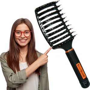 Blackomb - Haarbürste mit Wildschweinborsten, Bürste zum Entwirren, Ideal für Lange Haare, Rutschfester Griff, mit Nylonstiften, Schwarz - Orange