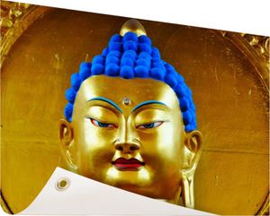 Gartenposter - 120x80 cm - Gold mit blauem Buddha-Bild  - Modernes Wandbilder