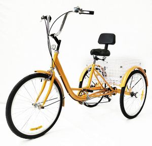 24" Dreirad für Erwachsene 6 Gänge 3 Räder Fahrrad mit Korb und Rückenlehne für Senioren Gelb