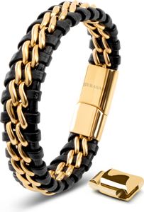 SERASAR | Lederarmband für Herren [Steel] mit doppel Edelstahl und Magnetverschluss | Farbe: Gold | Länge: 20cm