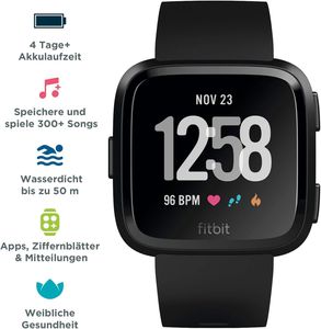 Fitbit Versa Smartwatch Fitnesstracker Limited Edition in Schwarz mit Zusatz Armband in Grau und Ladegerät