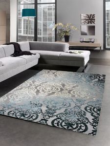 Moderner Teppich Wohnzimmerteppich Barock Ornamente grau creme türkis Größe - 80x150 cm