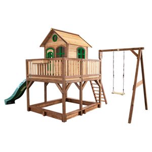 AXI Spielhaus Liam mit Sandkasten, Schaukel & grüner Rutsche | Stelzenhaus XXL in Braun & Grün aus  Holz für Kinder | Spielturm mit Wellenrutsche für den Garten